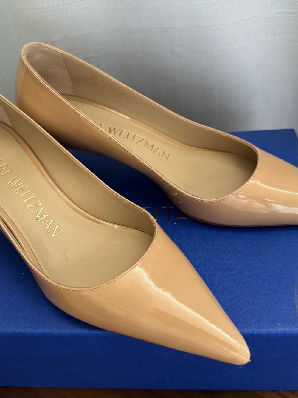 Stuart Weitzman Gold Nude Patent Pointed-Toe Pumps 6